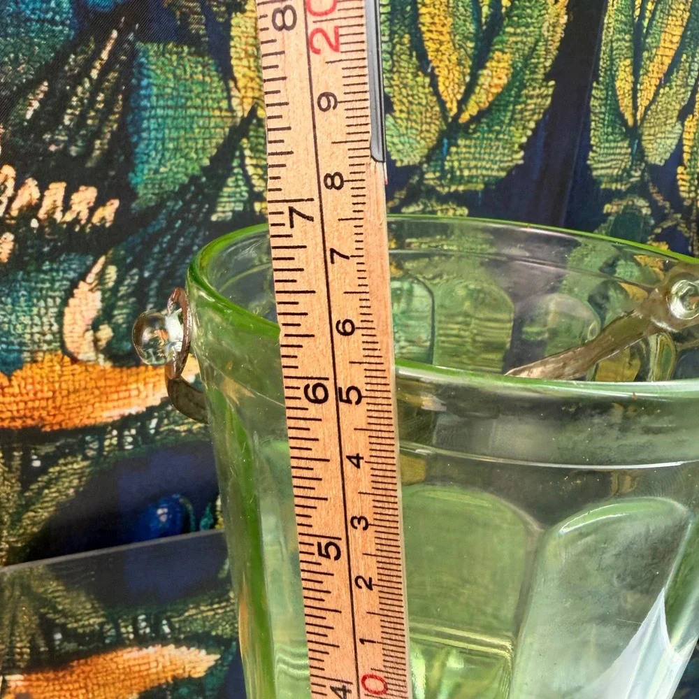 Vintage Green Uranium Glass Ice Bucket Paneled Vaseline Glass Glows UV 6 Inch